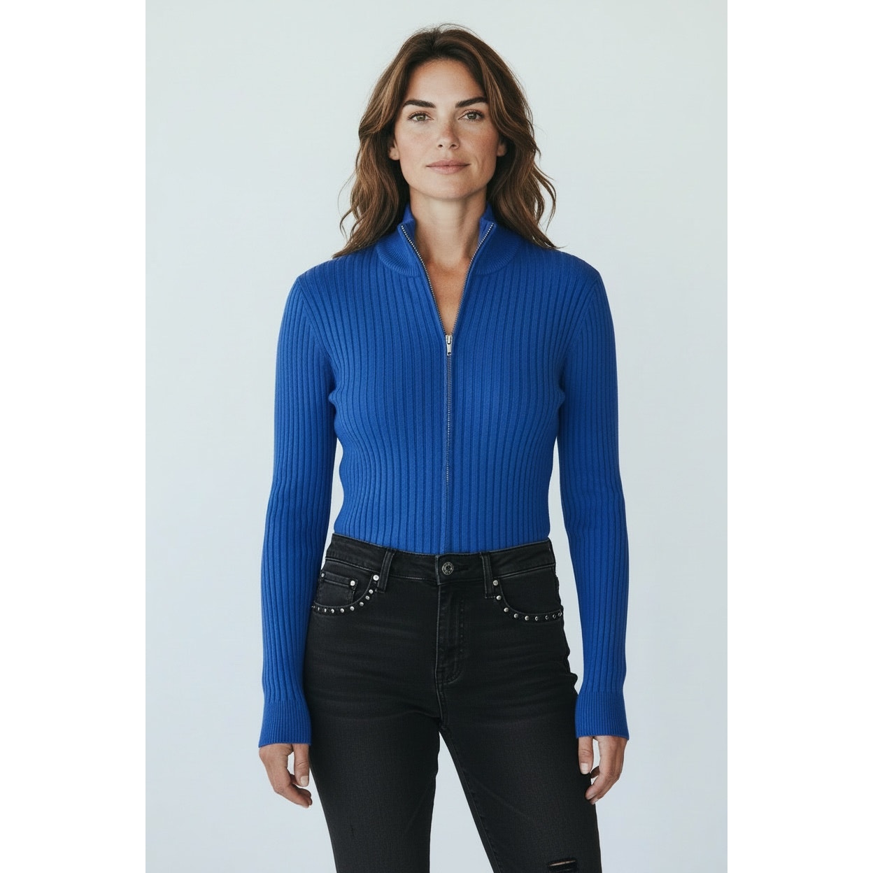 Wolford Concordia Ribbed Knit Zip Cardigan Blue Xs